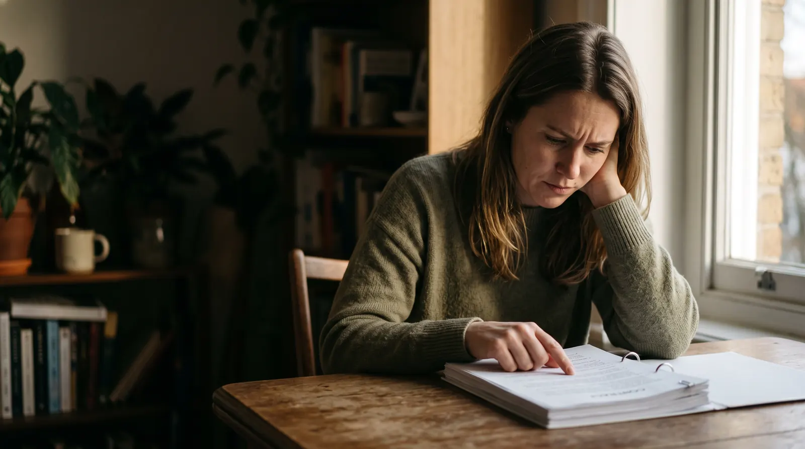 A woman at a table following a line of a printed contract with her finger