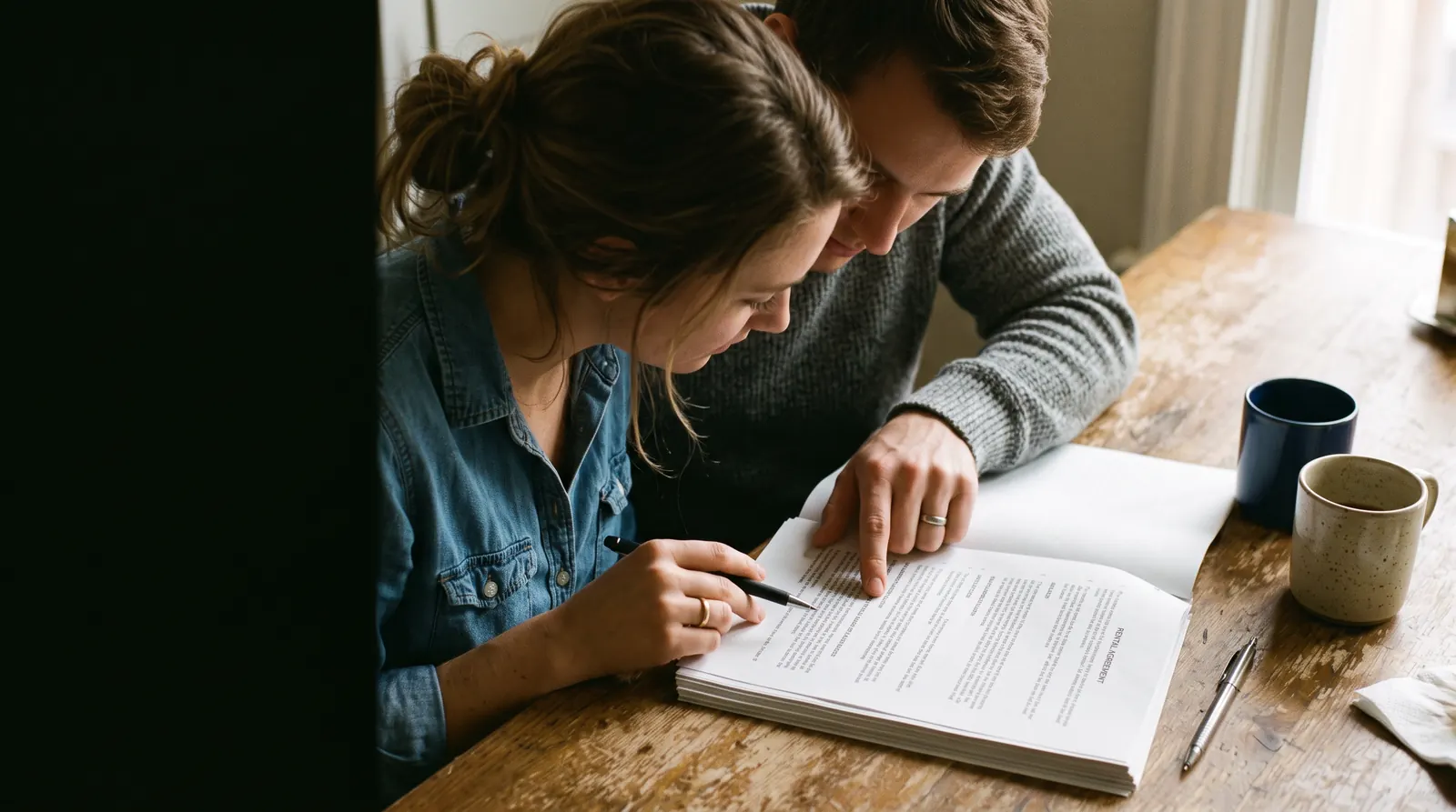 Two people at a kitchen table reading a printed agreement together, one tracing a line with a finger