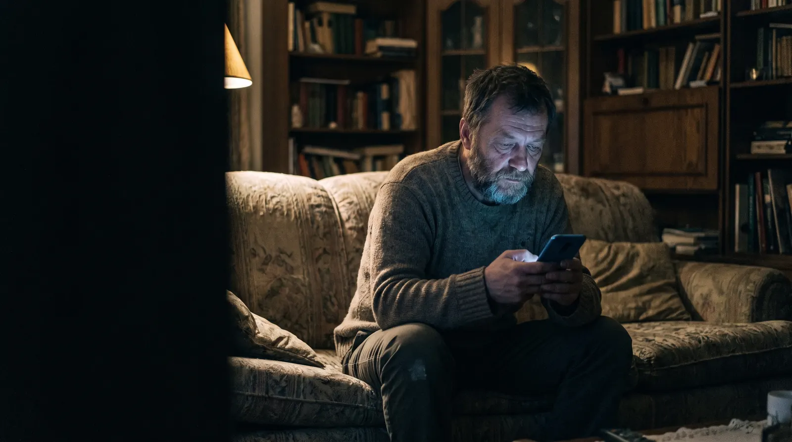 A man reading terms on his phone late at night, lit by the screen