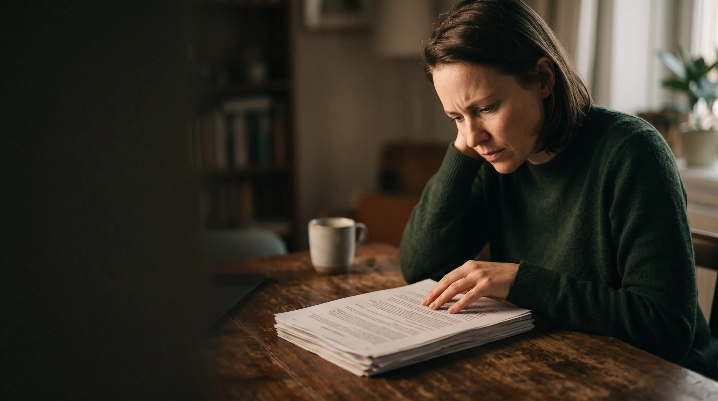 A woman at a kitchen table reading a thick printed contract closely, frowning in concentration.
